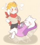 alternate_universe angry anthro blonde_hair chair clothed clothing drinking duo female food fur furniture hair hoodie horn long_ears male scarf simple_background topwear white_body white_fur thegreatrouge altertale undertale undertale_(series) asgore_(altertale) asgore_dreemurr toriel toriel_(altertale) boss_monster_(undertale) bovid caprine mammal hi_res