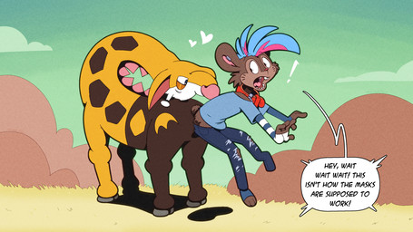 after_transformation antlers arm_warmers armwear bottomwear brown_body brown_fur buckteeth character_transformation clothing cloven_hooves collar dialogue fur heart_symbol hearts_around_head hooves horn implied_transformation merging mid_transformation panicking pants paws pink_nose red_collar red_nose sharp_teeth shirt speech_bubble surprised surprised_face teeth text topwear transformation yellow_body yellow_fur trevor-fox nintendo pokemon kyp_(character) trevor-fox_(character) generation_2_pokemon girafarig mammal mouse murid murine pokemon_(species) rodent english_text hi_res