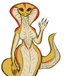 4_fingers aliasing anthro apode binary_drawing breasts claws digital_drawing_(artwork) digital_media_(artwork) draconcopode female fingers front_view jam_(artist) legless low_res naga non-mammal_breasts nude red_body red_eyes red_scales reptile scales scalie serpentine simple_background snake snake_hood solo viper_(x-com) white_background wide_hips x-com yellow_body yellow_scales