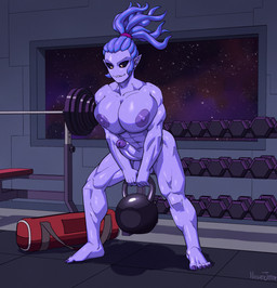abs areola balls big_breasts black_sclera breasts erection exercise genitals gynomorph hair half-closed_eyes huge_breasts humanoid_genitalia humanoid_penis humanoid_pointy_ears intersex muscle_tone muscular muscular_gynomorph muscular_humanoid muscular_intersex narrowed_eyes nipples nude penis pointy_ears pseudo_hair purple_areola purple_body purple_hair purple_nipples purple_skin sharp_teeth smile teeth tentacle_hair tentacles weightlifting workout naughtyjester alien alien_humanoid humanoid 2025 hi_res