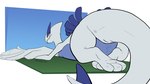 abstract_background ambiguous_gender butt featureless_crotch feral looking_at_viewer looking_back lying on_front pear-shaped_figure presenting presenting_hindquarters semi-anthro simple_background smile smirk solo tail thick_tail white_background wide_hips sprout nintendo pokemon generation_2_pokemon legendary_pokemon lugia pokemon_(species) 16:9 hi_res widescreen