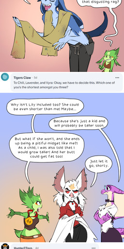 4_panel_comic angry anthro censored_text clothing disgust duo female group male medal overweight overweight_female profanity q&a scarf simple_background solo text toga yelling zummeng chili_(zummeng) estella_(zummeng) evie_(zummeng) jade_(zummeng) lavender_(zummeng) nigel_(zummeng) vyra_(zummeng) bat cobra domestic_cat elvian felid feline felis hybrid lagomorph leaf-nosed_bat leporid mammal microbat rabbit reptile rhinoceros scalie snake vampire_bat yangochiropteran absurd_res english_text hi_res long_image tall_image