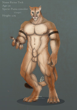 4_toes 5_fingers animal_genitalia anthro balls biped brown_nipples brown_pawpads claws digitigrade digitigrade_paws feet finger_claws fingerpads fingers front_view fully_sheathed fur genitals green_eyes hindpaw inner_ear_fluff male male_anthro muscular muscular_anthro muscular_male nipples nude pawpads paws pecs pink_nose pose sheath solo tail tan_body tan_fur toe_claws toes tuft whiskers zhiibe ricius_teck cougar felid feline mammal absurd_res hi_res model_sheet