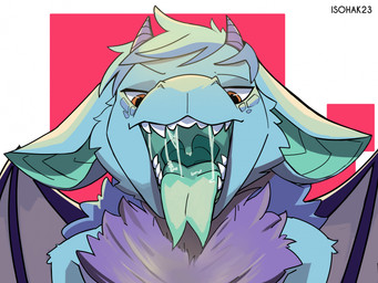 anthro back_wings blue_body blue_fur blue_hair bodily_fluids drooling forked_tongue fur green_mouth green_tongue hair horn male mouth_shot neck_tuft open_mouth purple_body purple_fur saliva saliva_string sharp_teeth snout solo teeth throat tongue tongue_out tuft uvula wings isohak23 rufus_derg mythology dragon furred_dragon furred_scalie mythological_creature mythological_scalie scalie hi_res