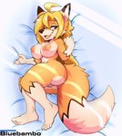 anthro bed bedroom_eyes big_breasts big_butt blonde_hair breasts butt feet female fluffy fluffy_hair furniture hair narrowed_eyes nipples purple_eyes seductive solo tail thick_thighs bluebambo canid canine fox mammal hi_res