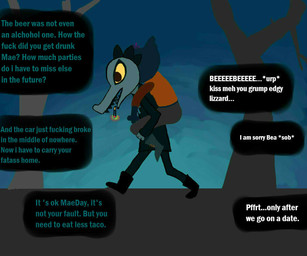 anthro black_body black_fur brown_eyes cigarette drunk duo female female/female forest fur highlights_(coloring) night plant profanity smoking substance_intoxication text tree madevich night_in_the_woods bea_santello mae_borowski alligator alligatorid crocodile crocodilian domestic_cat felid feline felis mammal reptile scalie 6:5 broken_language digital_media_(artwork) english_text lineless