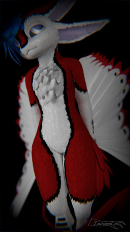 anthro black_body black_feathers blue_eyes blue_hair chest_tuft feathers female hair kita'vali red_body red_feathers simple_background solo standing tail tuft white_body white_feathers wide_hips wings the_architect_of_order the_founder avali 3d_(artwork) 9:16 absurd_res blender_(artwork) digital_media_(artwork) hi_res watermark