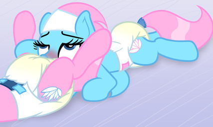 blue_body blue_eyes blush bodily_fluids clothed clothing cutie_mark diaper diaper_in_face duo eye_roll face_in_crotch female female/female feral furgonomic_diaper furgonomics genital_fluids lying on_back on_front pink_body quadruped unclean_diaper urine used_diaper wearing_diaper wet_diaper nitei friendship_is_magic hasbro my_little_pony aloe_(mlp) lotus_(mlp) earth_pony equid equine horse mammal pony 2020 5:3 digital_drawing_(artwork) digital_media_(artwork) hi_res incest_(lore) sibling_(lore) sister_(lore) sisters_(lore)