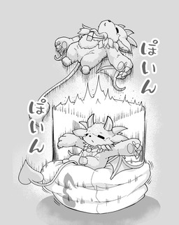 ambiguous_gender anthro biped bouncing featureless_crotch fur grey_background grey_body grey_fur head_horn hooves horn jewelry membrane_(anatomy) membranous_wings necklace necklace_only nude semi-anthro simple_background solo spade_tail tail text wings oribiyo nijisanji vtuber debidebi_debiru demon greyscale monochrome translated