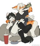 alcohol anthro beverage black_clothing black_hair black_shirt black_topwear blue_eyes bottle bulge cigarette_butt clothed clothing container countershade_face countershading dipstick_tail drinking duo fur gaming gloves_(marking) hair holding_bottle holding_container holding_joystick holding_object joystick kemono male markings one_eye_closed orange_body orange_fur playing_video_game shirt shota simple_background striped_body striped_fur stripes tail tail_markings topwear white_background white_body white_countershading white_fur white_hair young milkybot hu_ku_li_(milkybot) wuwu_(asakai) domestic_cat felid feline felis lion mammal pantherine 2022 hi_res