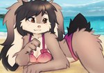 5_fingers anthro beach bikini black_hair blue_sky bow_bikini brown_eyes claws clothed clothing cloud female fingers floppy_ears fluffy fluffy_ears fluffy_hair fluffy_tail freckles fur grey_body grey_fur hair island long_ears lop_ears lying lying_on_ground on_ground pink_bikini pink_clothing pink_swimwear plant sand sea seaside short_hair sky smile solo swimwear tail tree two-piece_swimsuit water white_body white_fur elronya ronya suvi_(elronya) lagomorph leporid mammal rabbit