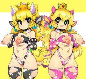 animal_ears animal_print animal_print_bikini animal_print_thigh_highs animal_tail areola bell bell_collar big_breasts bikini black_clothing black_eyes blonde_hair blush bodily_fluids bracelet breasts clothed clothing collar cow_print cow_print_bikini cow_print_thigh_highs crossgender crown duo ear_piercing ear_tag eyelashes female front_view hair headgear horn hucow jewelry lactating legwear long_hair looking_at_viewer navel nipples pattern_bikini pattern_clothing pattern_legwear pattern_swimwear pattern_thigh_highs piercing pink_areola pink_clothing pink_horn pink_nipples purple_horn scales shell simple_background smile spiked_bracelet spiked_shell spikes spikes_(anatomy) star_eyes super_crown sweat swimwear tail tail_tuft tan_body tan_scales tan_skin thick_thighs thigh_highs topless torn_thigh_highs tuft two-piece_swimsuit white_background white_clothing wide_hips yellow_background yellow_body yellow_scales slugbox bowsette_meme mario_bros nintendo bowser princess_peach animal_humanoid bovid bovid_humanoid bovine bovine_humanoid cattle_humanoid horned_humanoid humanoid koopa_humanoid mammal mammal_humanoid scalie scalie_humanoid absurd_res hi_res meme