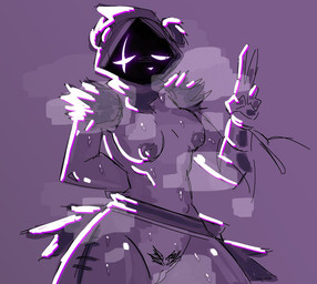 anthro bare_breasts bodily_fluids female genitals gesture hand_gesture musk nude pubes solo sweat v_sign vulva sinnerbuns epic_games fortnite raven_team_leader
