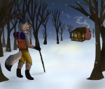 anthro backpack cabin clothing detailed_background forest fur green_eyes hiking log_cabin male outside peaceful plant smile snow solo tail tree wood renashe canid canine mammal