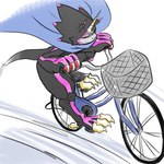 anthro belt bicycle black_body blade cape claws clothing horn humor male tail tail_blade vehicle weapon_tail sansyonoki64 bandai_namco digimon digimon_ghost_game digimon_(species) gulusgammamon scalie 1:1