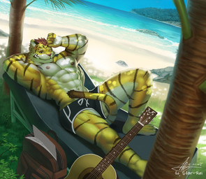 abs acoustic_guitar anthro bag beach biceps biped bulge clothed clothing countershading dappled_light detailed_background feet fur grey_nipples grin guitar looking_at_viewer lying male muscular muscular_anthro muscular_male musical_instrument nipples on_back one_eye_closed outside pecs plucked_string_instrument relaxing sand seaside seductive sky smile solo string_instrument stripes swimwear topless under_shade v-cut white_body white_countershading wink raccoon21 felid mammal pantherine tiger 2016 digital_media_(artwork)