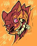 anthro brown_body brown_fur fur laugh male orange_background pink_eyes simple_background solo solidasp canid mammal