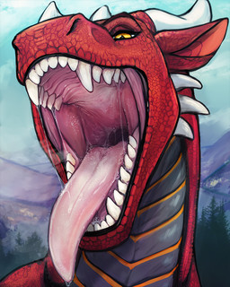 ambiguous_feral ambiguous_gender blue_sky bodily_fluids cheek_spikes drooling facial_spikes feral front_view grey_body grey_scales horn looking_at_viewer mouth_shot narrowed_eyes open_mouth outside pink_tongue plant pupils red_body red_scales saliva saliva_string scales sky slit_pupils solo spikes spikes_(anatomy) tongue tongue_out tree white_horn wide-open_mouth yellow_eyes acidic mythology dragon mythological_creature mythological_scalie scalie 4:5