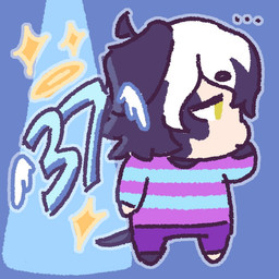 anthro black_body black_fur black_hair bottomwear chibi clothing ellipsis floppy_ears folded_ears fur hair halo male multicolored_body multicolored_clothing multicolored_fur multicolored_hair multicolored_shirt multicolored_topwear number pattern_clothing pattern_shirt pattern_sweater pattern_topwear purple_bottomwear purple_clothing purple_shorts shirt shorts solo sparkles standing striped_clothing striped_shirt striped_sweater striped_topwear stripes sweater tail tan_body tan_fur topwear white_hair wings yellow_eyes 90percentdenny 90_percent_studios purrfect_apawcalypse angel_grimalkin canid canine canis dalmatian domestic_dog mammal promotional_material