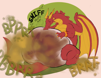 diaper diaper_sniffing fart feces horn red_body sniffing soiled_diaper soiling unclean_diaper used_diaper wings yellow_body ruben_sling mythology dragon mythological_creature mythological_scalie reptile scalie hi_res