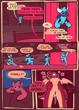 anthro bed bodily_fluids breasts climbing clitoris dialogue dripping_wet duo female forced_perspective furniture genital_fluids genitals greeting interrupted_speech male male/female measuring measuring_penis non-mammal_breasts peeking_through_door penis running speech_bubble text vaginal_fluids vulva walking wearing_towel vanilla_candy mythology unicorn_blood_(comic) cayenne_(vanilla_candy) saffron_(unicorn_blood) bovid caprine dragon hybrid mammal mythological_creature mythological_scalie scalie sheep comic english_text hi_res restricted_palette