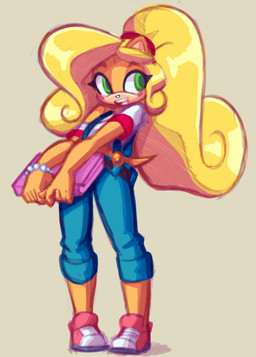 anthro blonde_hair blush bracelet clothing computer electronics female hair jewelry laptop looking_at_viewer open_mouth overalls ponytail simple_background smile solo standing tan_body young shadowhawx95 activision crash_bandicoot_(series) coco_bandicoot bandicoot mammal marsupial absurd_res hi_res