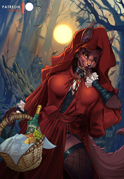alcohol anthro basket beverage black_nose breasts brown_body brown_fur clothed clothed_anthro clothed_female clothing collar container duo female female_focus fishnet_stockings forest fur hood male male/female night outside plant solo_focus tree wine wine_bottle magolobo fairy_tales little_red_riding_hood_(copyright) big_bad_wolf little_red_riding_hood canid canine canis mammal wolf hi_res
