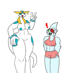 anthro areola athletic_wear big_breasts big_tail blonde_eyebrows blonde_hair blue_eyes bottomwear bra breasts clothing duo examination eye_patch eyebrows eyelashes eyewear female fin genitals gesture green_sclera gym_bottomwear gym_shorts hair hand_gesture hand_on_hip huge_tail markings navel nipples non-mammal_breasts non-mammal_navel non-mammal_nipples nude nude_female one_eye_closed open_mouth shorts sports_bra sportswear star tail teeth_showing thick_thighs underwear v_sign vulva wide_hips wink yellow_eyes turismoturbo mythology aijou aquatic dragon jou mythological_creature mythological_scalie scalie 1:1 2016 digital_drawing_(artwork) digital_media_(artwork) hi_res unavailable_at_source