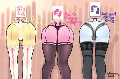 anthro anus_peek anus_slip big_butt blue_body blue_fur butt camel_toe clothing dialogue female fur group legwear panties photo pink_body pink_fur presenting presenting_hindquarters presenting_panties presenting_underwear pussy_peek rear_view stockings text thick_thighs through_wall trio underwear vulva_slip wide_hips yellow_body yellow_fur cherryhoof friendship_is_magic hasbro my_little_pony fluttershy_(mlp) pinkie_pie_(mlp) rarity_(mlp) equid equine horse mammal pony english_text hi_res