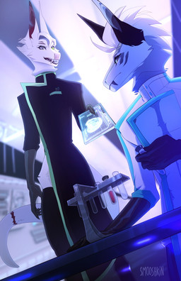 ambiguous_gender anthro clothing coat duo electronics furniture inside lab_coat laboratory laboratory_equipment laboratory_glassware male science_fiction scientific_instrument sitting standing table tablet tablet_computer test_tube topwear smooshkin fenris_(shorttoast) sicar_(smooshkin) alien ferragon hybrid kangaroo macropod mammal marsupial hi_res
