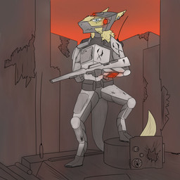 ambiguous_gender anthro armor biped blue_eyes breastplate building city clothed clothing container detailed_background digitigrade ear_piercing ear_ring feet fully_clothed fur grey_body gun hair handgun handwear headgear helmet holding_gun holding_object holding_ranged_weapon holding_weapon jewelry looking_at_viewer mask military military_uniform neck_tuft outside piercing pistol post-apocalyptic ranged_weapon rifle ring ring_(jewelry) ring_piercing ruins science_fiction sky soldier solo standing suit sunset tail tan_body tan_fur tight_clothing tuft uniform warrior weapon yellow_body yellow_fur zav-ki mammal sergal 1:1 absurd_res detailed digital_media_(artwork) hi_res