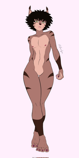 anthro brown_body brown_fur feet female fur hair short_hair solo striped_body striped_fur stripes yellow_eyes shuralynx felid feline lynx mammal hi_res model_sheet