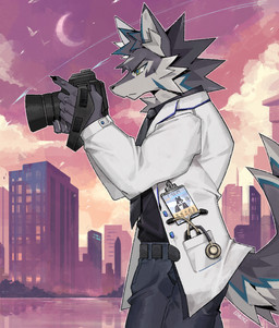 anthro black_body black_fur blue_eyes camera clothing coat fur lab_coat male medical_instrument scientific_instrument solo stethoscope topwear yellow_eyes edadrz thunderrangers archermagnum canid canine canis mammal wolf hi_res