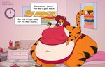 anthro areola_outline bed belly big_belly big_breasts big_butt bottomwear breasts burger butt clock clothing container copyright_symbol deep_navel dessert doughnut eating female food fur furniture hair huge_breasts huge_butt huge_thighs morbidly_obese morbidly_obese_anthro morbidly_obese_female navel nipple_outline obese obese_anthro obese_female overweight overweight_anthro overweight_female paper_bag pastry pizza_box red_hair sandwich_(food) sitting solo speech_bubble striped_body striped_fur stripes stuffing symbol text thick_thighs topwear satsumalord belle_oliver felid mammal pantherine tiger 2018 digital_media_(artwork) english_text hi_res