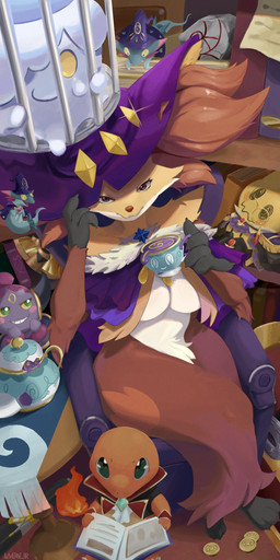 3_toes 4_fingers ambiguous_gender anthro breasts claws clothed clothed_ambiguous clothed_anthro clothed_female clothing feet female finger_claws fingers front_view fur green_eyes group hat headgear headwear holding_object horn inner_ear_fluff inside looking_at_viewer orange_body red_body red_eyes red_fur sitting toe_claws toes topwear tuft yellow_body yellow_fur laverne_3r nintendo pokemon charmander delphox dreepy generation_1_pokemon generation_5_pokemon generation_6_pokemon generation_7_pokemon generation_8_pokemon hoopa hoopa_(confined) legendary_pokemon litwick mimikyu pokemon_(species) polteageist 1:2 2025 digital_media_(artwork) hi_res