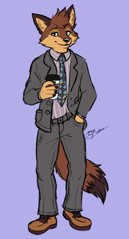 anthro beverage clothing coffee footwear male multicolored_body shoes smug_face solo suit canid canine fox mammal full-length_portrait hi_res portrait