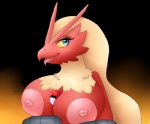 anthro big_breasts blonde_hair blue_eyes bodily_fluids breast_squish breasts female hair nipples non-mammal_breasts non-mammal_nipples open_mouth pokeball saliva solo squish standard_pokeball tongue tongue_out yellow_sclera nirvanilla nintendo pokemon avian bird blaziken generation_3_pokemon pokemon_(species)