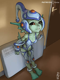 armor biped breasts cleavage clothed clothing female female_humanoid fin gloves green_body handwear headgear helmet high-angle_view leaning_on_wall looking_at_viewer smile smirk solo swimwear conditional_dnp pyriax bandai_namco digimon amphibian digimon_(species) humanoid ranamon 2026 3:4