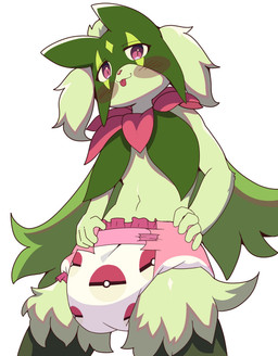 ambiguous_gender anthro blush blush_lines blush_stickers cape clean_diaper clothed clothing diaper diaper_only flower_(anatomy) flower_collar fur green_body green_cape green_clothing green_fur green_mask hand_on_diaper hand_on_hip head_tilt low-angle_view mask navel pink_body pokeball_print red_nose simple_background smile solo three-quarter_view tongue tongue_out topless touching_diaper wearing_diaper wearing_mask white_background coopitchu nintendo pokemon generation_9_pokemon meowscarada pokemon_(species) 2024 hi_res portrait three-quarter_portrait