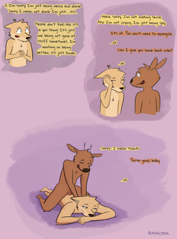 anthro balls dialogue duo flaccid genitals male male/male massage penis reassuring simple_background teary_eyes text worried ravalska poro_alska rav_alska canid canine deer fox mammal absurd_res comic english_text hi_res