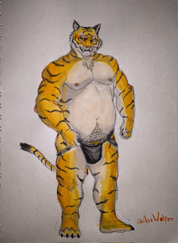 anthro areola biceps big_bulge body_hair bulge chest_hair claws clothed clothing front_view fur jockstrap jockstrap_only looking_at_viewer male musclegut muscular muscular_anthro muscular_male navel nipples orange_body orange_fur pecs pubes simple_background solo striped_body stripes topless underwear underwear_only white_background yellow_sclera ariwolfer epic_games fortnite oscar_(fortnite) felid mammal pantherine tiger hi_res painting_(artwork) watercolor_(artwork)