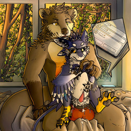 abdominal_bulge anthro blue_body bodily_fluids brown_body brown_fur cellphone cuckold cum cum_in_ass cum_inside duo electronics feathers fur genital_fluids infidelity male male/male orange_body orange_fur phone red_body red_fur size_difference text anonymous_artist anonymous_character ssephy_(character) avali gulonine mammal marten mustelid musteline otter pine_marten hi_res
