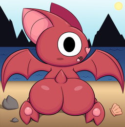 ambiguous_gender beach black_eyes butt day kneeling looking_back nude on_ground open_mouth outside pink_nose rear_view red_body sand sea seashell shadow sharp_teeth shell solo sun tail teeth tongue water white_sclera zinzoa squeak_(zinzoa) bat mammal 2025 absurd_res hi_res