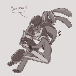 4_fingers annoyed anthro blush blush_lines bottomwear cleavage_cutout clothed clothing clothing_lift crossdressing cutout duo eyes_closed female fingers heart_symbol maid_headdress maid_uniform male rubbing_against skirt skirt_lift slim smile suit uniform uniform_kink screaming_alice glitch_productions kinktober kinktober_2025 the_amazing_digital_circus jax_(tadc) pomni_(tadc) humanoid lagomorph leporid mammal rabbit 1:1 absurd_res hi_res