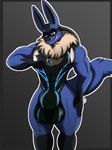 anthro big_bulge blue_body blue_fur bulge clothed clothing detailed_bulge duo fur huge_bulge hyper hyper_bulge male male/male muscular one-piece_swimsuit simple_background size_difference swimwear liacaru nintendo pokemon lionel_aurastar_(moriko_wulf) canid canine generation_4_pokemon lucario mammal pokemon_(species) absurd_res digital_media_(artwork) hi_res