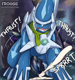 bodily_fluids cosmic_flesh cum cum_drip cum_on_penis cumshot dripping ejaculation genital_fluids genitals male pelvic_thrust penis tail tapering_penis tapering_tail thrusting unusual_anatomy unusual_genitalia unusual_penis froogg nintendo pokemon gb_(gbdialga) dialga generation_4_pokemon legendary_pokemon pokemon_(species) absurd_res hi_res