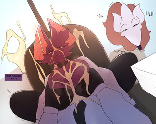 ahoge annoyed anthro big_breasts bodily_fluids bone bottomwear bra breast_grab breast_play breast_squeeze breast_squish breasts brown_hair chair choker cleavage cleavage_overflow clothed clothing collared_shirt cross-popping_vein cum cum_between_breasts cum_on_breasts cum_on_chair cum_on_clothing cum_on_ear cum_on_face cum_on_window cute_fangs dialogue dress_shirt duo dutch_angle emanata erection excessive_cum excessive_genital_fluids facial_tuft fangs female fur furniture genital_fluids genitals hair hand_on_breast inside jewelry lace lace_bra looking_pleasured male male/female moan necklace necktie office office_chair open_clothing open_shirt open_topwear pants paper paper_stack penis profanity purple_body purple_fur sex shirt skull skull_head snaggle_tooth speech_bubble squeezing squish teeth text titfuck titfuck_under_clothes tongue tongue_out topwear tuft underwear window blazethefox arty_(ascendedarty) lacy_(blazethefox) avian bat bird demon mammal 2025 english_text hi_res