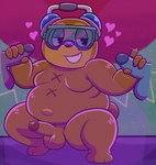 anthro balls belly brown_body brown_fur crouching electronics erection eyewear fur genitals goggles grin group handjob headphones heart_symbol male male/male navel outie_navel overweight overweight_male penile penis sex smile trio sinribbons parappa_the_rapper sony_corporation sony_interactive_entertainment pj_berri hi_res