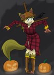 anthro boots breasts clothed clothing costume dress female flannel food footwear fruit fur green_eyes hair hat hay headgear headwear holidays jack-o'-lantern leaf leaf_hair leaf_tail plant plant_hair pseudo_hair pumpkin scarecrow shirt shoes smile solo straw_hat tail text topwear torn_clothing torn_shoes yellow_body yellow_fur notmypornaccount halloween nintendo pokemon layla_(notmypornaccount) avian bird corvid corvus_(genus) crow eeveelution generation_4_pokemon leafeon oscine passerine pokemon_(species) 2024 absurd_res digital_media_(artwork) hi_res