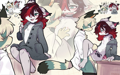 4_fingers 4_toes anthro anthro_on_anthro anthro_penetrated anthro_penetrating anthro_penetrating_anthro bite_mark bodily_fluids breasts breath button_(fastener) choker claws clothing coat colored_nails duo ears_back feet female female_penetrated fingers fur green_body green_eyes green_fur grey_clothing grey_coat grey_topwear hair hand_on_breast highlights_(coloring) inner_ear_fluff jewelry licking looking_at_another looking_pleasured male male/female male_penetrating male_penetrating_anthro male_penetrating_female markings nails necklace nipple_fetish nipple_lick nipple_play nipples one_ear_up open_mouth orange_inner_ear_fluff panting penetration piercing pink_nails pink_nose pink_toenails pivoted_ears red_hair sex shirt sitting sitting_on_desk small_breasts spots spotted_markings standing striped_markings striped_tail stripes sweat sweatdrop tail tail_markings thought_bubble toenails toes tongue tongue_piercing topwear tuft white_clothing white_inner_ear_fluff white_shirt white_topwear rimamaru_(artist) swaybat_(oc) zil_(swaybat) canid canine mammal 16:10 2024 hi_res widescreen